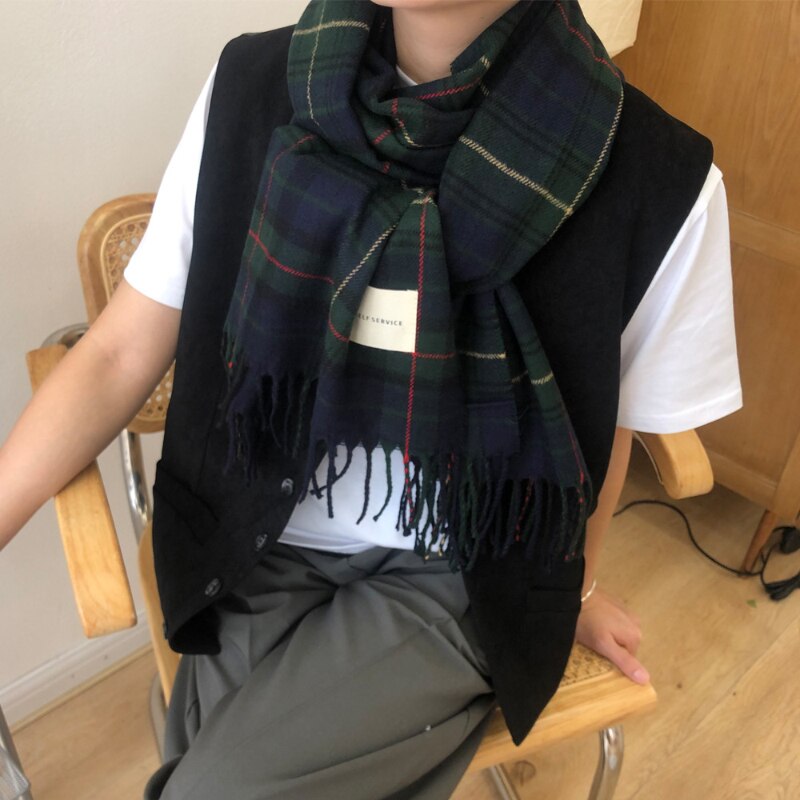 Korea Girls Scarf Women Cashmere ins Plaid Brown Scarf Warm Winter Pashmina Foulard Shawls Wraps Bandana