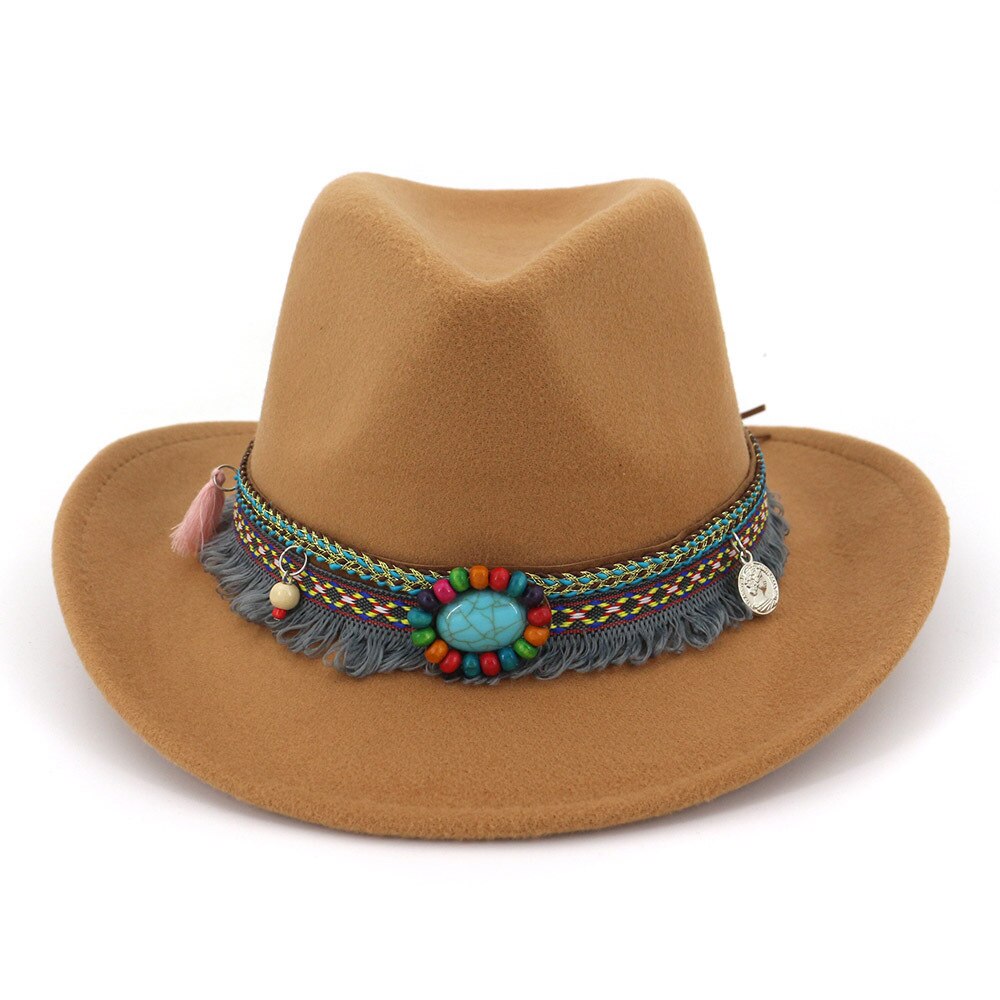 Sombrero de lana ahuecado para mujer, Sombrero de cowboy del oeste, con ala ancha enrollable, capucha, Sombrero ecuestre de Jazz con cinta de estilo nacional AD0853: Beige