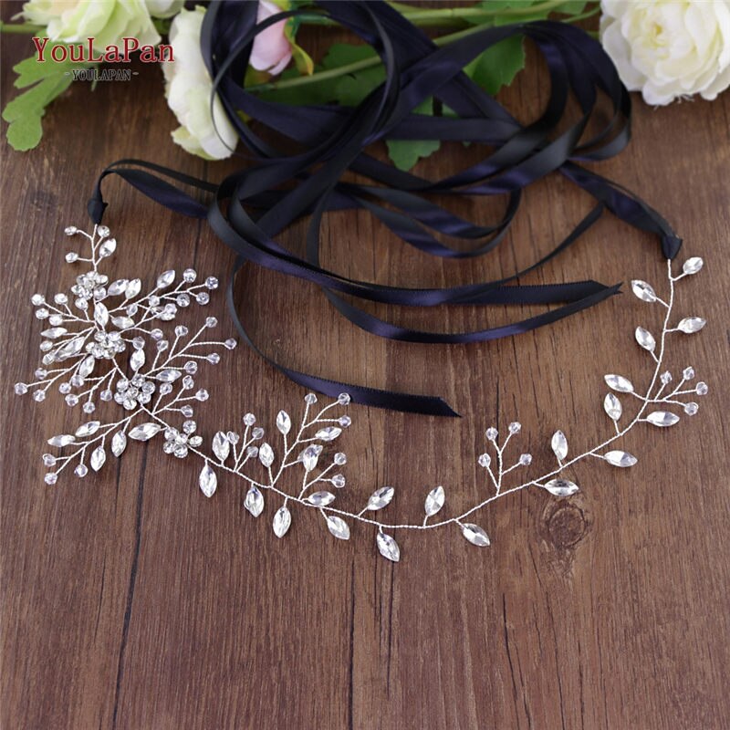 YouLaPan – ceinture fine en cristal pour robe de mariée avec strass, accessoires de mariage, SH65: Black ribbon