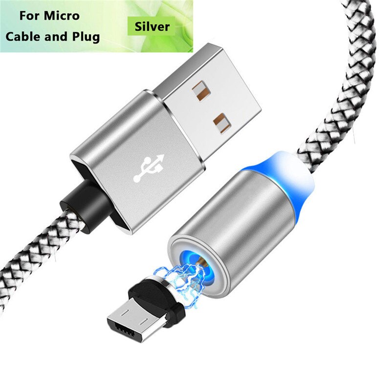 Micro usb magnetisk kabel type c magnet opladerledning til samsung  s7 j7 j6 j4 a3 a5 a7 huawei  p20 lite redmi 8 note 5 6 7 pro: Sølv mikrokabel