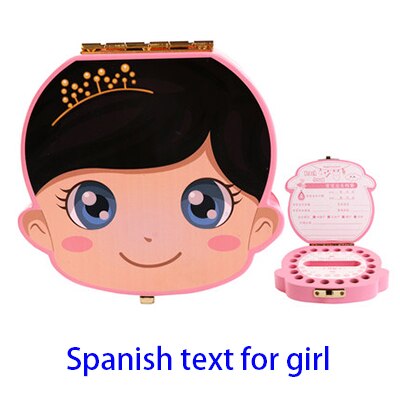 Træ engelsk spansk baby tandboks børn mælketænder indsamle baby tand arrangør drenge piger tanden doosje: Spansk pige