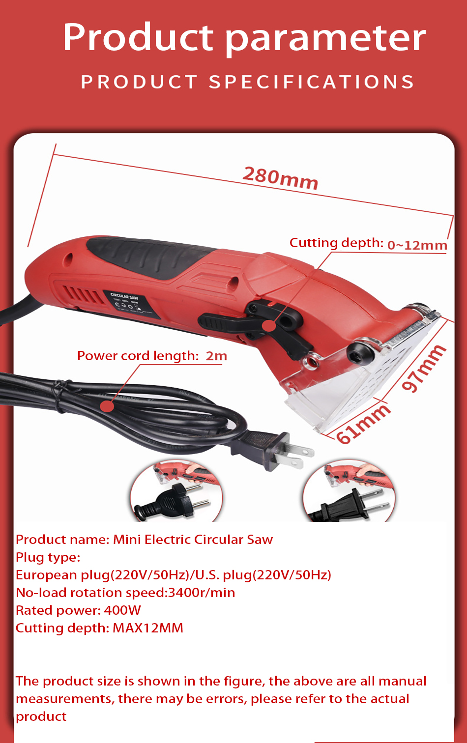 110V American plug/220V European plug Mini circular saw 400W wood metal tile cutter electric saw power tool