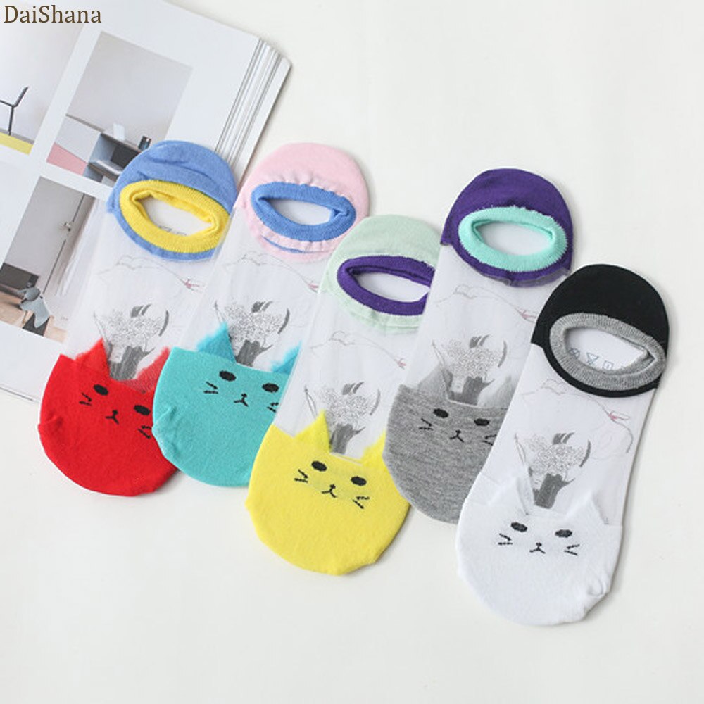 5 pares de verão dos desenhos animados meias de gato bonito animal meias femininas engraçado invisível meias femininas algodão transparente barco dropship: 5 Pairs