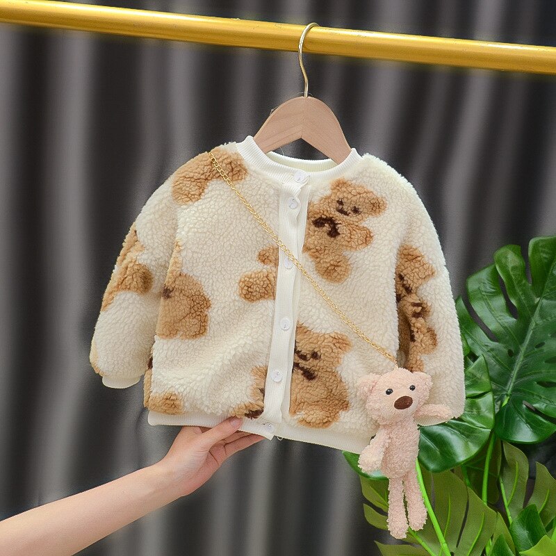80-110 cm vinter tjejer pojkar söt tecknad björn jacka baby barn barn tjock varm fleecerock två färger: Beige / 70
