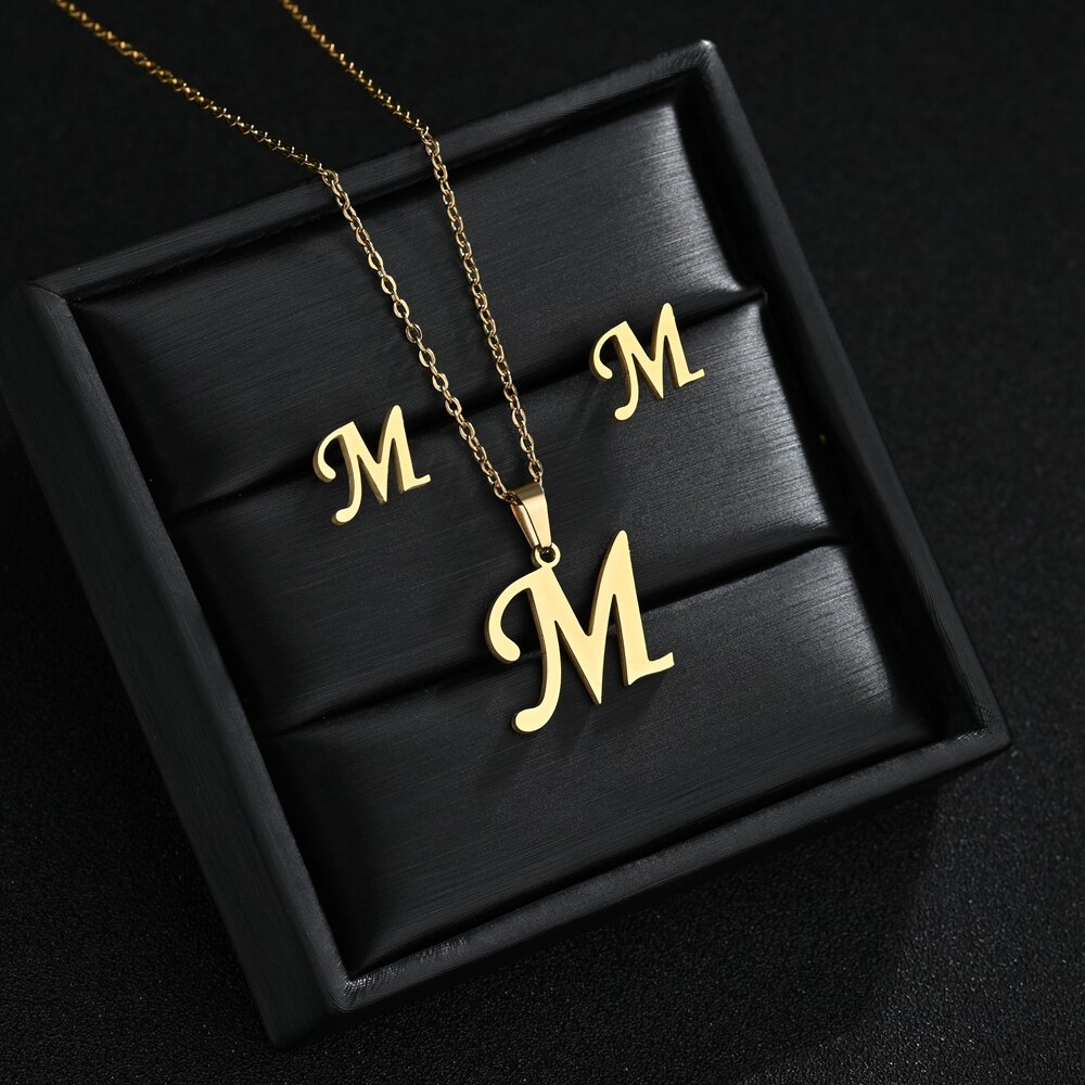 A-Z Edelstahl Ersten Halskette Und Ohrringe Schmuck Sets Alphabet Anhänger Kette Brief Zubehör: M