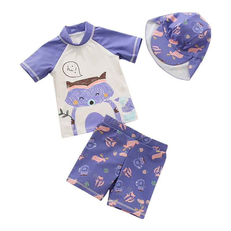 Conjunto de ropa de natación para niños, Tops de manga corta púrpura, pantalones cortos, sombrero, 3 uds., trajes de protección solar para playa, ropa de bebé: 7 8Years