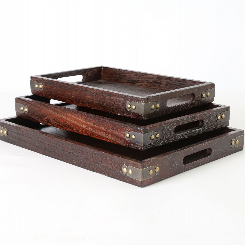 Juego de 3 bandejas de servicio de anidación de madera marrón oscuro de estilo antiguo, con asas cortadas, bandeja de madera, mesa de servicio para té Gong Fu