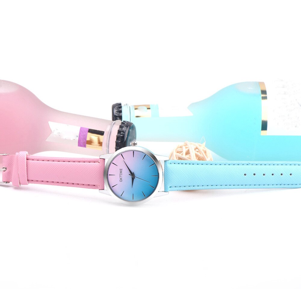 Femmes montre dégradé couleur coloré rétro arc-en-ciel Bracelet en cuir analogique alliage Quartz montre-Bracelet Bracelet montre YE1