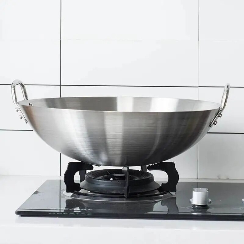 Stainless Steel Non Stick Wok Chinese Handmade Wok Double Ear Chef Fry Wok Gas Cooker Non Coating Round Bottom Cooking Woks