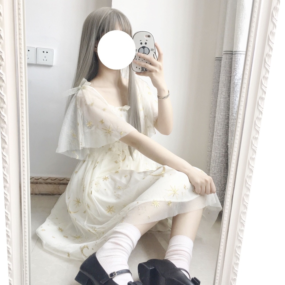Japonês kawaii meninas lua estrela bordado vestido vitoriano verão lolita vestido chá festa gótico lolita op chá loli cos