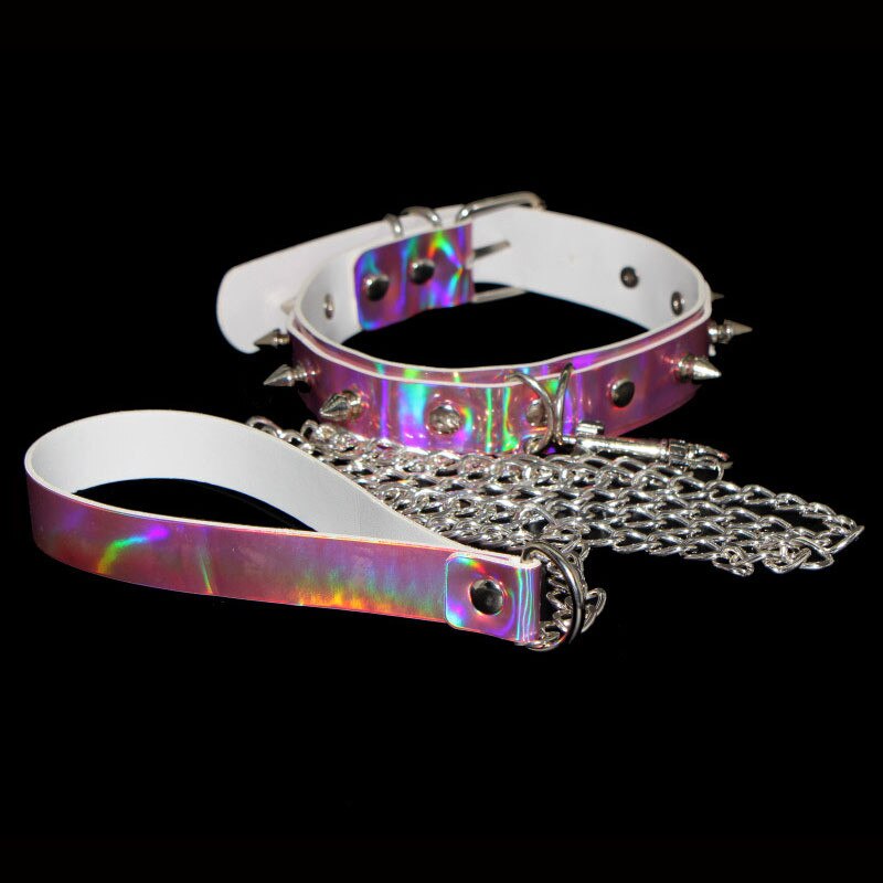 Spike Rivet Choker Catene Della Collana Collo In Pelle Arcobaleno Collare Rave Del Partito di Festival Ravewear Gioielli di Moda goth Accessori: 1