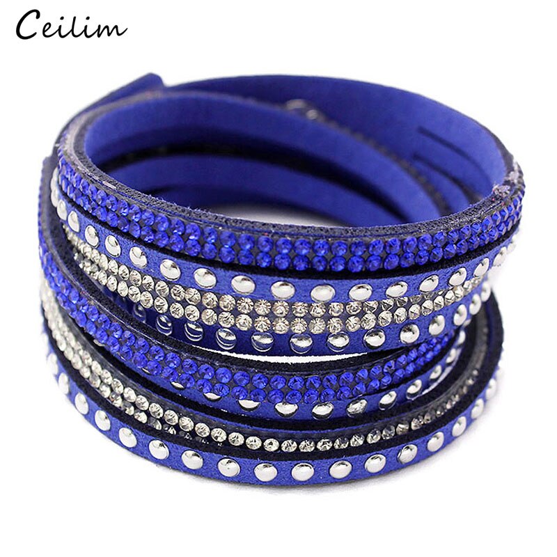 Della boemia Multistrato Rosso Blu Bracciale Avvolgente in Pelle per Le Donne del strass di Modo di Cristallo Pulsante A Scatto Braccialetti Dei Braccialetti Dei Monili