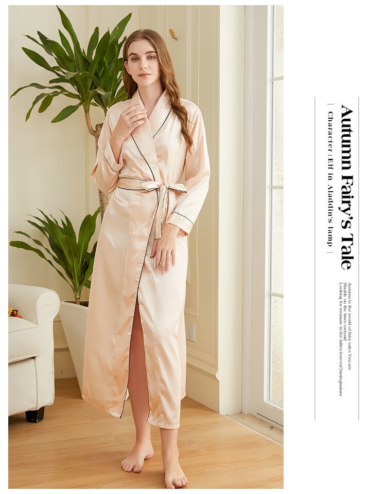 Satin Robes Bridesmaid Bride Robe Wedding Long Womens Robe Lingerie Sleepwear Lady Long-Sleeve Nightgowns Bathrobes: Champagne / L