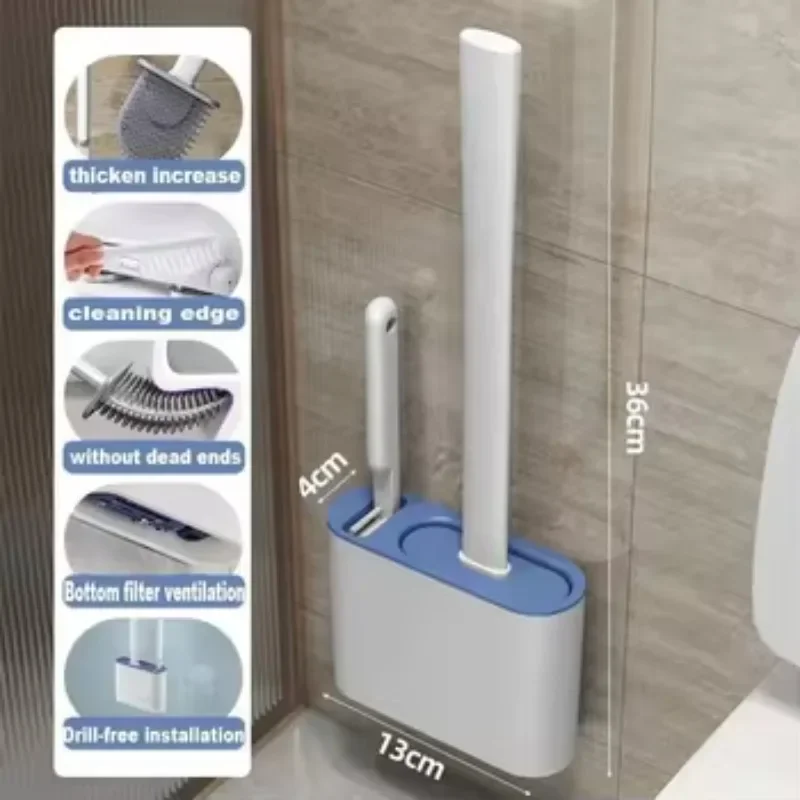 Escova de vaso sanitário para pendurar na parede, com suporte, escova de vaso sanitário de silicone, descontaminação sem qualquer ponto cego, ferramentas de limpeza de banheiro: Azul