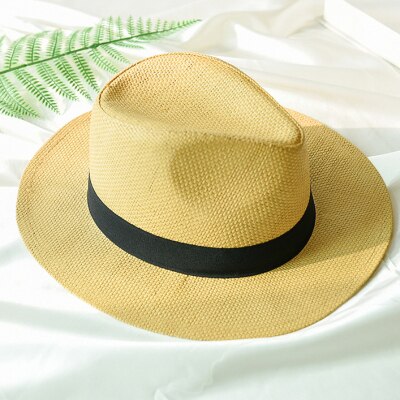 Ht2261 sommer hatte til mænd kvinder halm panama hatte solid almindelig bred kant strand hatte med bånd unisex fedora sol hat: Khaki