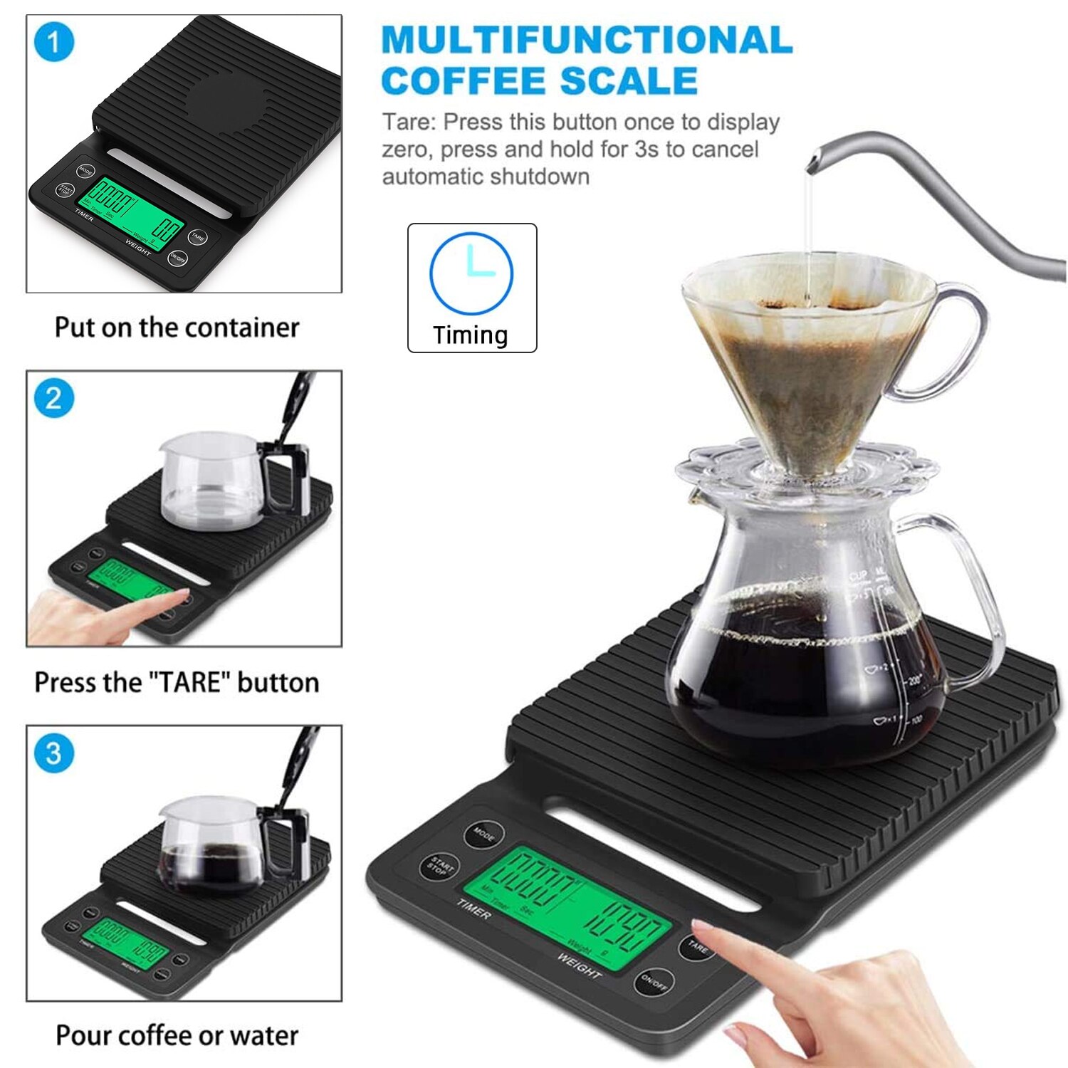 Coffee Weighing Drip Coffee Scale with Timer Digital Kitchen Scale High Precision LCD Scales Measuring Tools 3kg/0.1g 5kg/0.1g