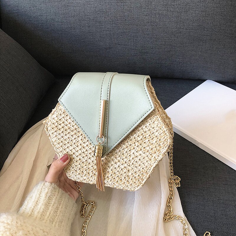 1PC sac de paille hexagone sac à main paille + cuir gland métal bohême rotin épaule été plage chaîne sac pour femme