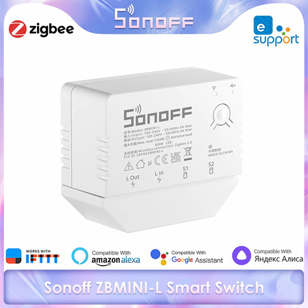 Sonoff ZBMINI-L Zigbee Mini Smart Switch 2 Way Control Wireless Switch No Neutral Wire Required, Support Ewelink APP Alexa Alice