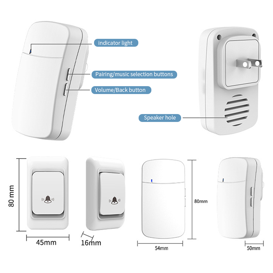 Timbre inalámbrico RF de 433MHz, Kit de timbre para casa, 100M de larga distancia, 38 tonos de llamada, timbre de puerta, enchufe europeo y estadounidense, botón receptor, Control remoto