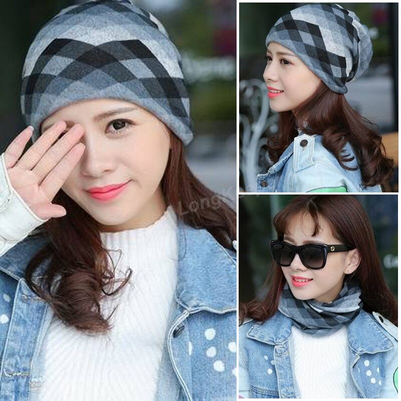 Long Keeper Women Knit Warm Hat Scarf Three Used Woman Flora Cap Beanie Skullies For Girl Autumn Caps Bonnet: gray STYLE 2