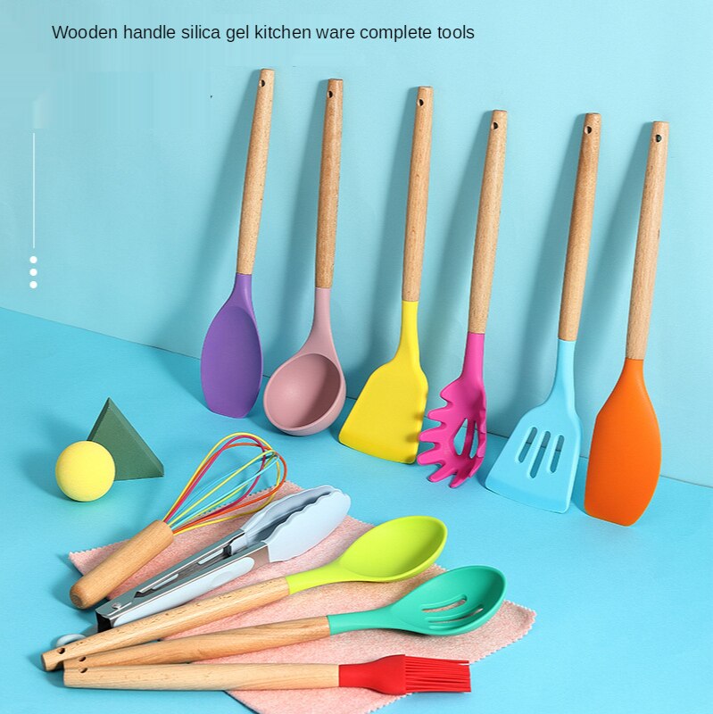 12 Stks/set Food Grade Siliconen Koken Gereedschap Keuken Non-stick Ei Kloppers Spatel Keukengerei Huishouden Houten Handvat Item