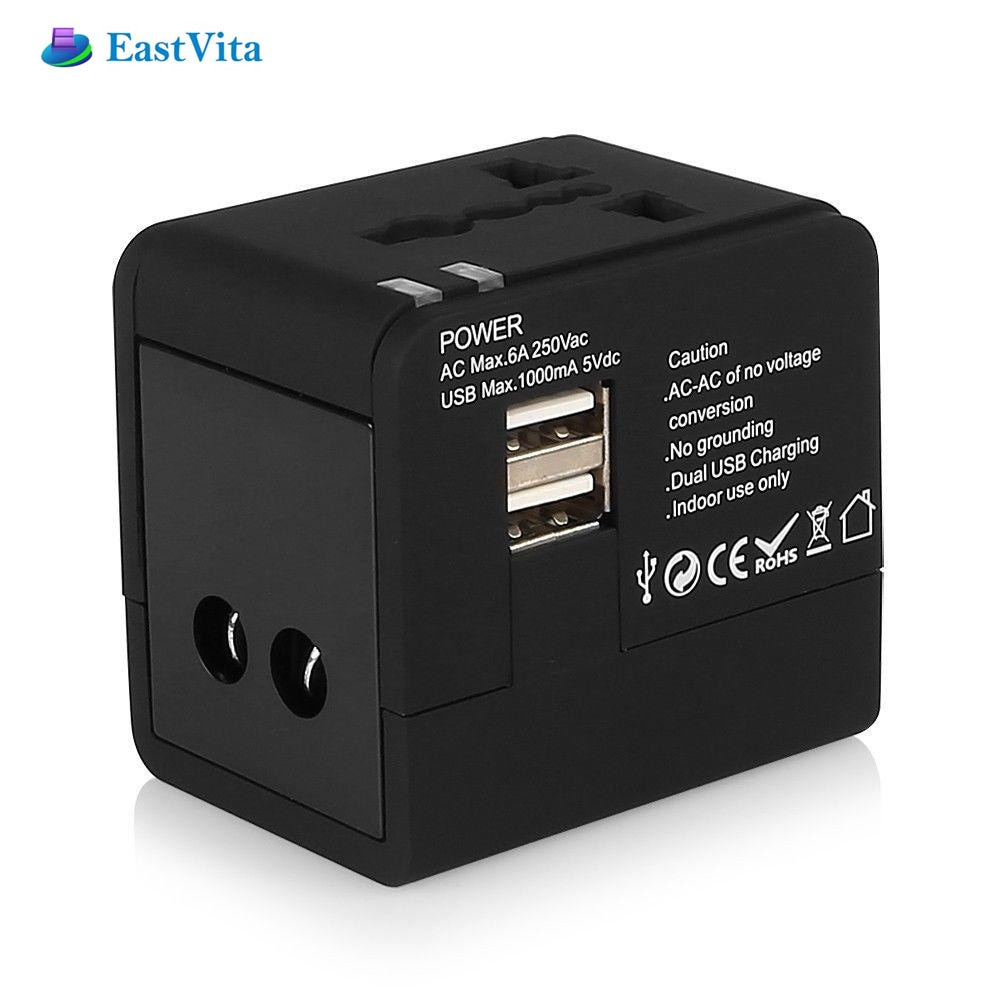 EastVita Universal Travel AC Adapter Dual USB Charging Ports Wall Charger AC Power Plug Adapter Converters EU UK US/AU ar20