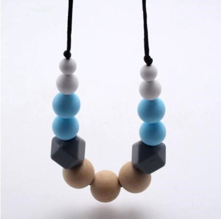 chewable silicone+original wood beads necklace baby teething teether holder toy diy teething necklace for mom no BPA: c