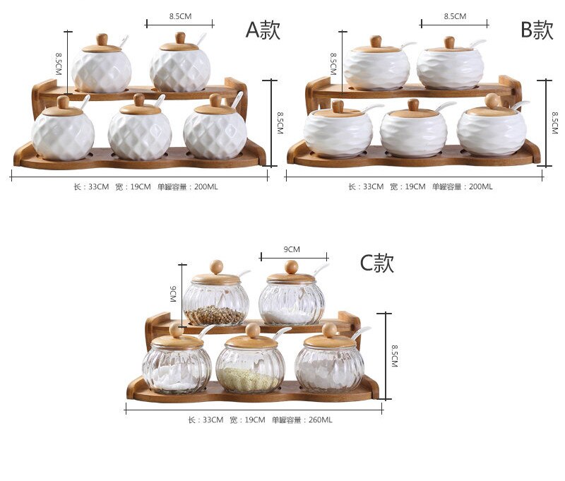 Garden bamboo stand upper layer ceramic glass seasoning can kitchen supplies box salt jars and lids