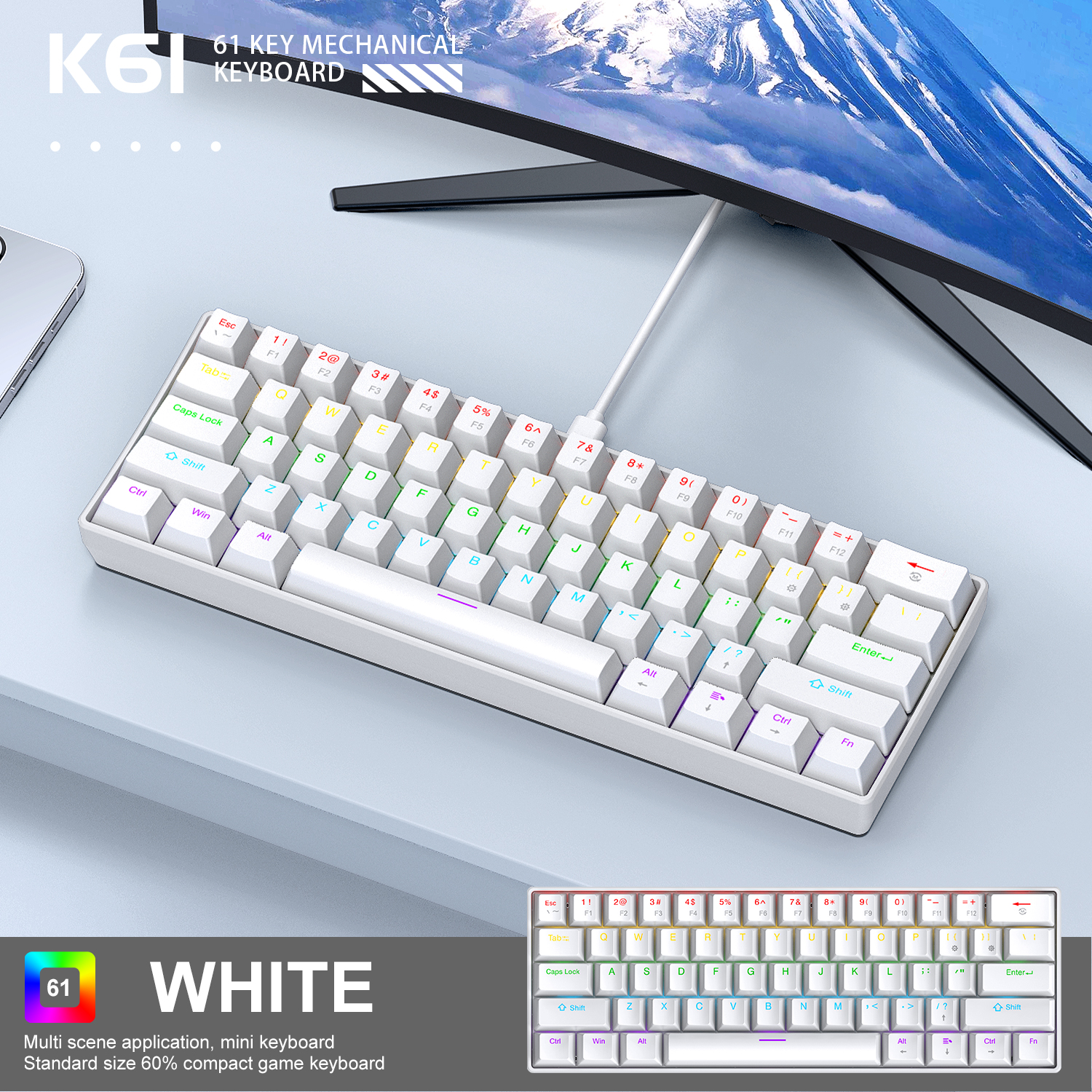 APAYADO K61 Teclado mecánico para juegos con cable al 60%, mini de 61 teclas, retroiluminado RGB, interruptor rojo/azul, portátil para PC y portátil: BLANCO / Interruptor azul