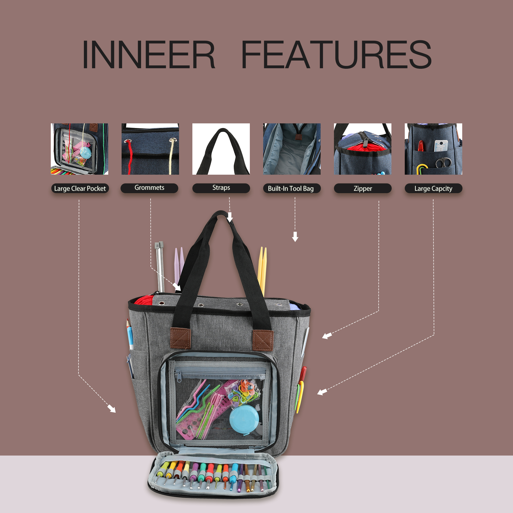 KOKNIT-Bolsa de mano para tejer, bolsa de almacenamiento de hilo para agujas de tejer, ganchos de ganchillo y accesorios de costura, Kit de costura DIY, bolsa para mamá