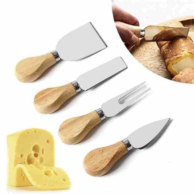 Juego de cuchillos para queso, manija de caja de madera, cocina, juegos de repostería, acero inoxidable, cuatro piezas