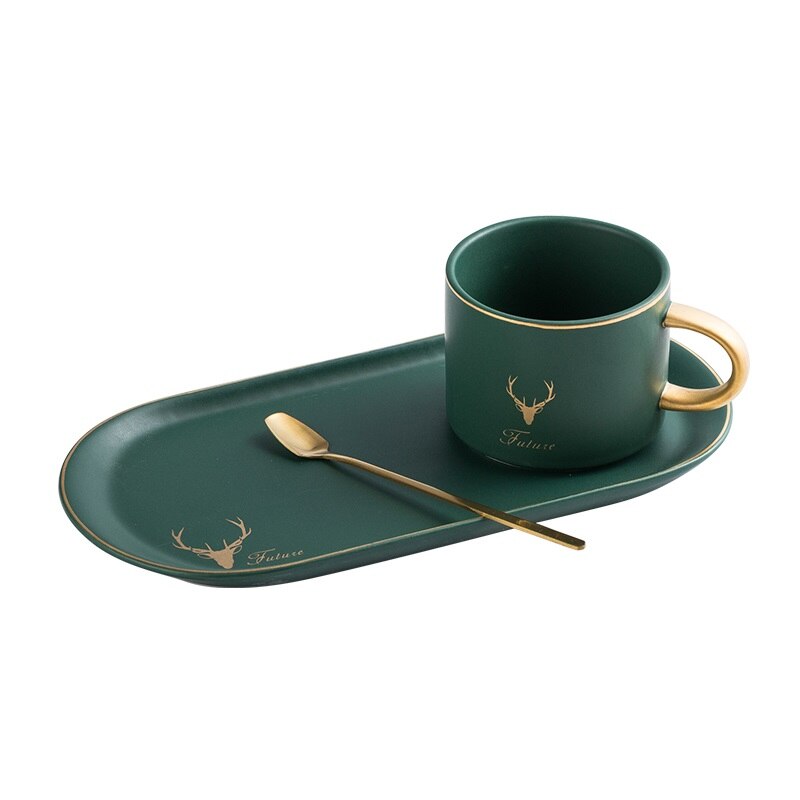 Europese Luxe Gouden Rand Keramiek Koffie Kopjes En Schoteltjes Lepel Sets Met Geschenkdoos Thee Sojamelk Ontbijt Mokken Dessert plaat: GREEN