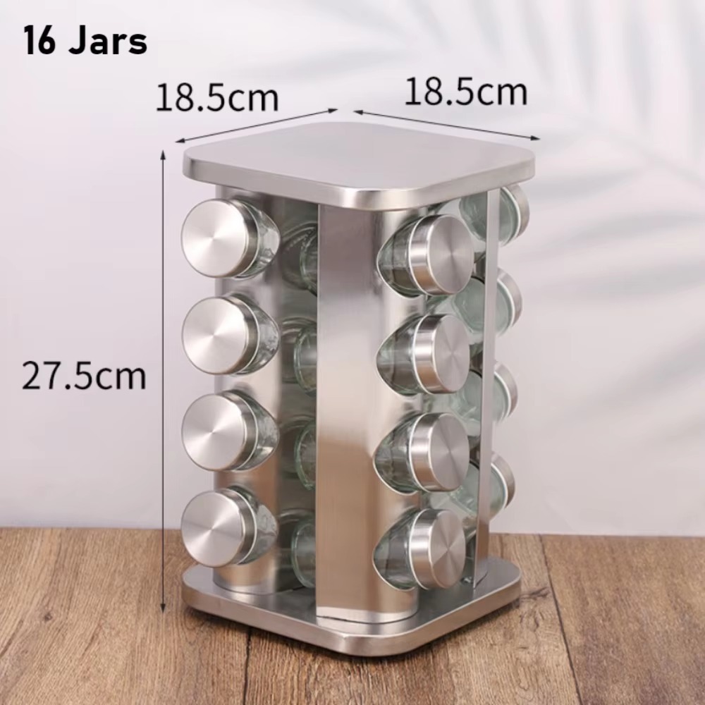 360° Rotating Spice Rack Stainless Steel Seasoning Vertical Spice Sorting Rack Square Condiment Organizer Salt Sugar Containers