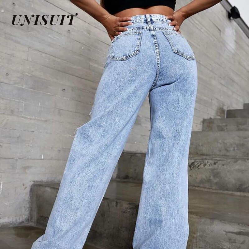 Pantalones vaqueros rasgados para mujer, Vaqueros desgastados de pierna recta y piernas anchas, estilo europeo y americano, para monopatín,