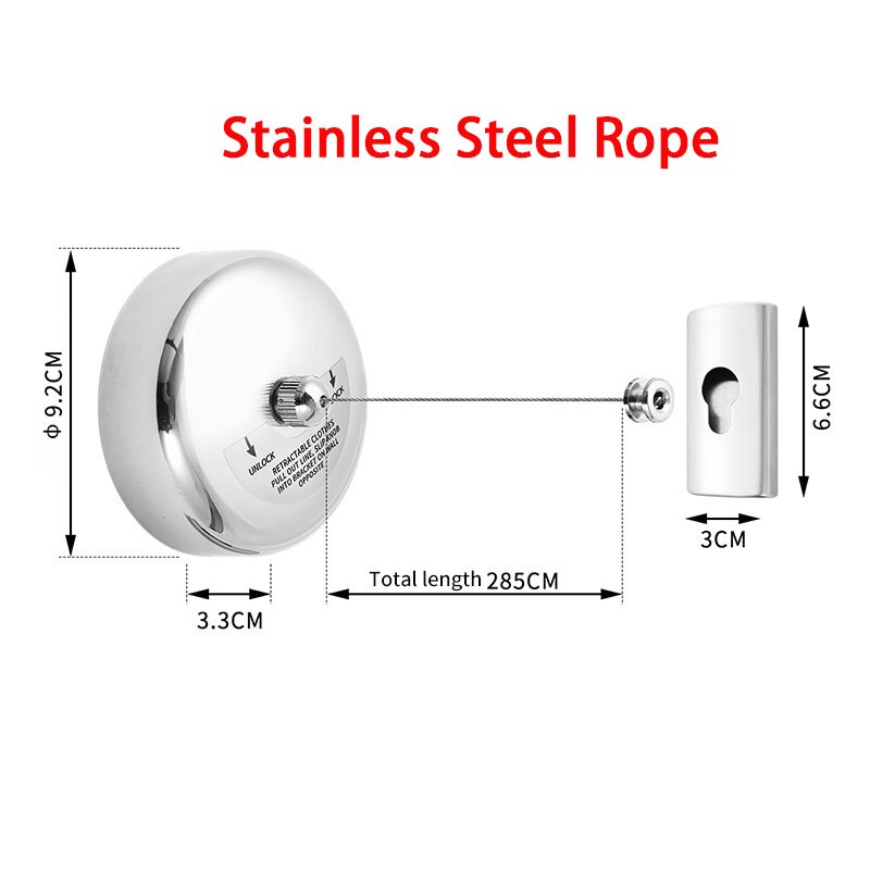 Wall mount 304 Stainless Steel Clothesline Folding Clothes Horse Extendable Laundry Hanger Retractable Drying Rack Clothes Rope: 280mm Steel rope
