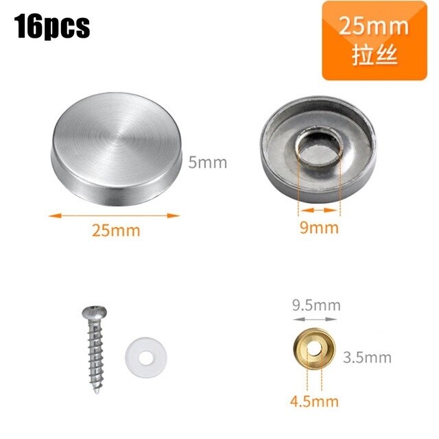 16Pcs Stainless Steel Decorative Mirror Screw Cap Nails Screw Covers Fasteners & Hooks Furniture Hardware 22/25/30mm: 25mm