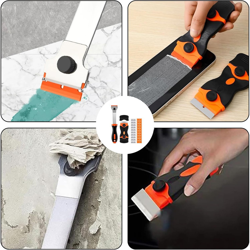 Raspador de lâmina de barbear, raspador de vidro de dois gumes com lâminas de plástico de metal, raspador multiuso para remover decalques adesivos