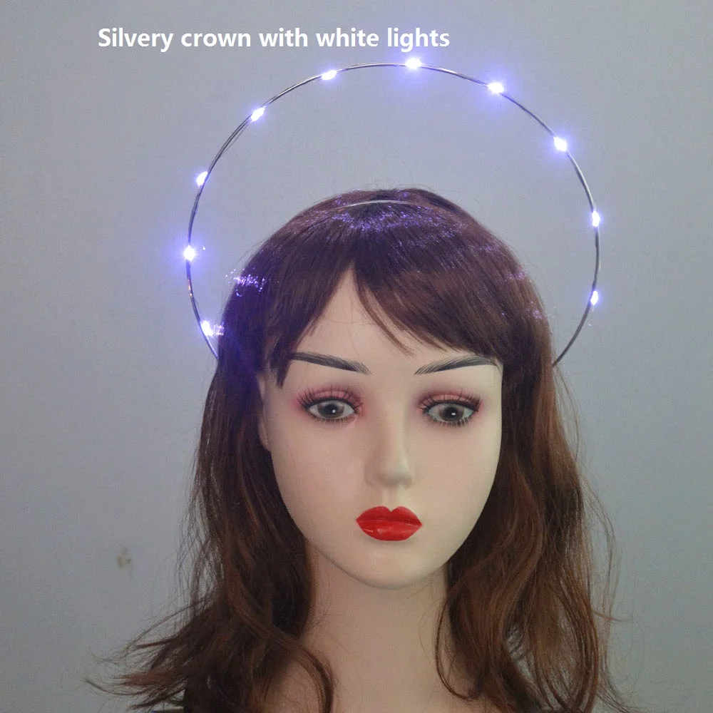 Glow Light Up Godin Crown Angel Bridal Gold Halo Hoofdband Veer Bloem Haarband Verjaardagsfeestje Heks Koningin Haar Slijtage Cadeau: Light Grey