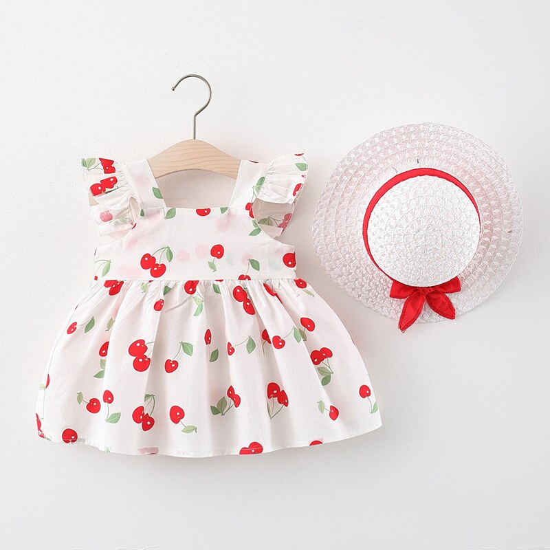 Cherry Baby Girls Dress With Hat Cotton Toddler Girls Casual Outfit 2 colori abbigliamento per bambini