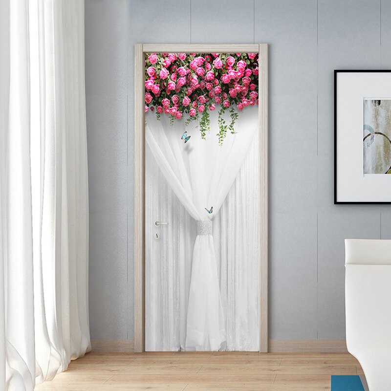 Romántico Rosa cortina puerta pegatina 3D boda casa hogar Decoración puerta calcomanías PVC autoadhesivo impermeable papel pintado vinilo pasta 3D