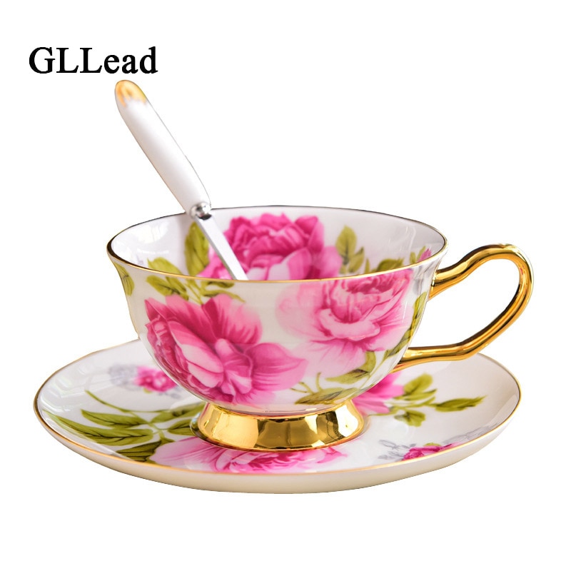 GLLead-tazas de café de cerámica con de flor rosa, juego de Taza de té y platillo de porcelana China, taza de porcelana de europea, bonito