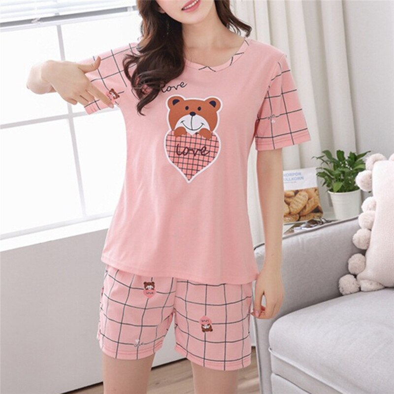 M-2XL Summer Young Girl Short Sleeve Cotton Pajamas For Women Cute Nightshirt Casual Home Service Short Sleepwear: heart bear / XL