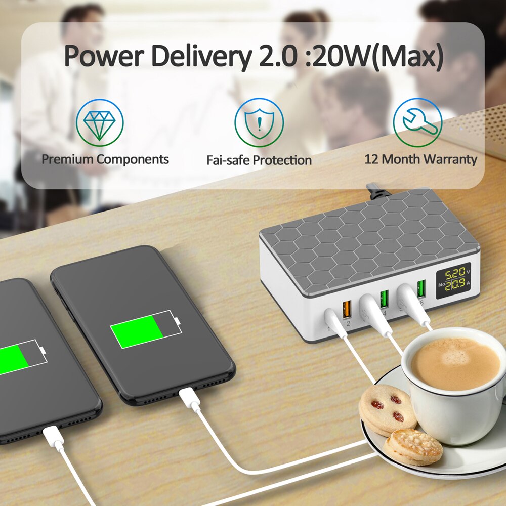 Ilepo 65w pd schnellladegerät für iphone 12, 11 pro, handys und tablets , 6 usb-anschlüsse für samsung, sony und huawei, digitale intelligente ladestation