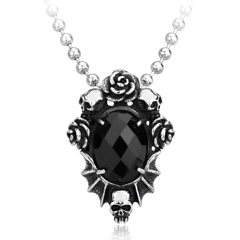 punk Acciaio Inox Cranio Collana Del Pendente Del Fiore con La Pietra Nera Degli Uomini di Modo del regalo Dei Monili della catena