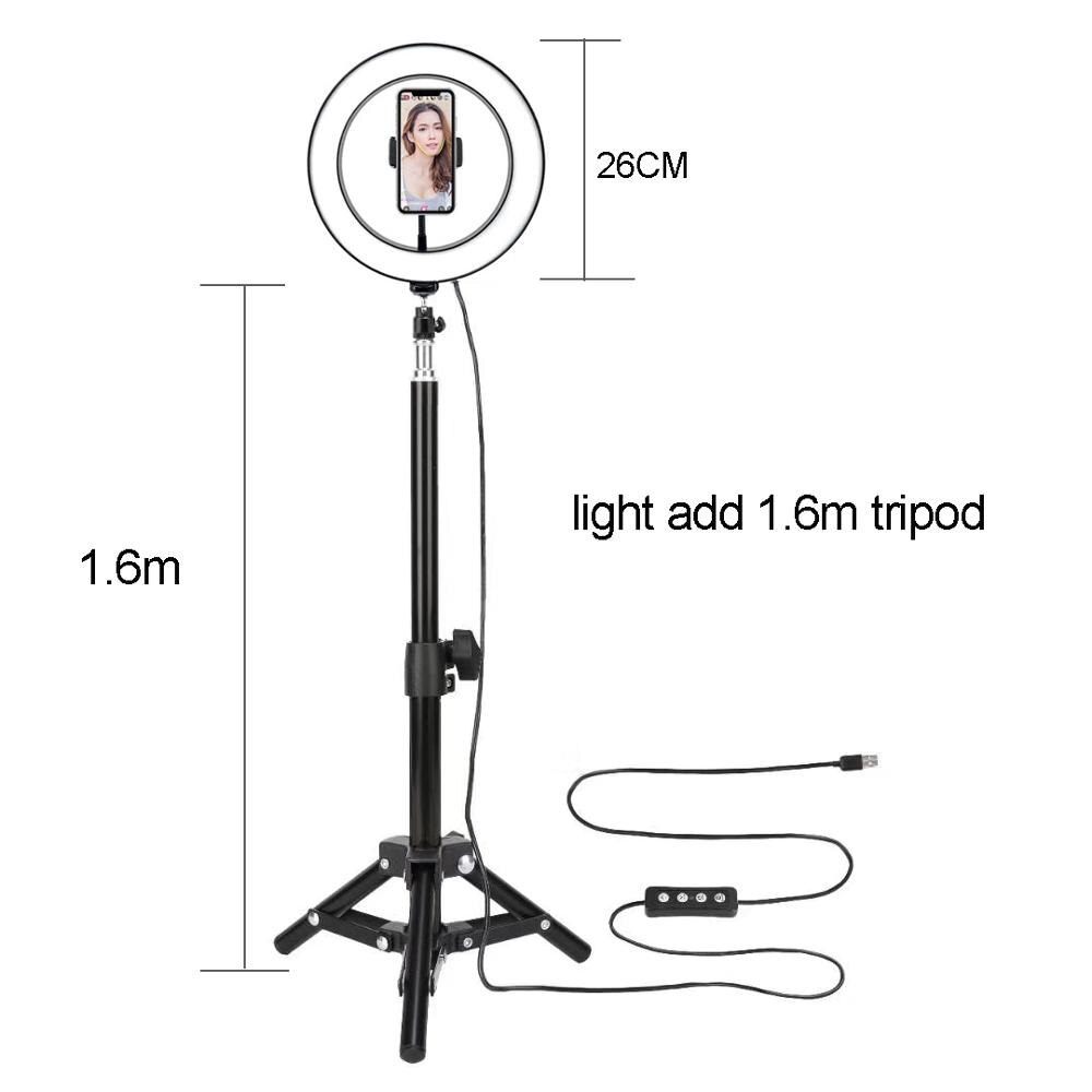 33Cm/13Inch Dimbare Led Selfie Ring Licht Met Statief Usb Selfie Licht Ring Lamp Grote Fotografie Ringlicht met Stand Voor Mobiele: 26 cm tripod 1.6