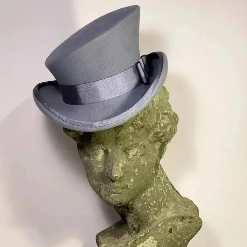 Men Women asymmetric top wool hats fashiona formal ribbon steam punk hat men lumber costume Cap Party decoration: GRAY
