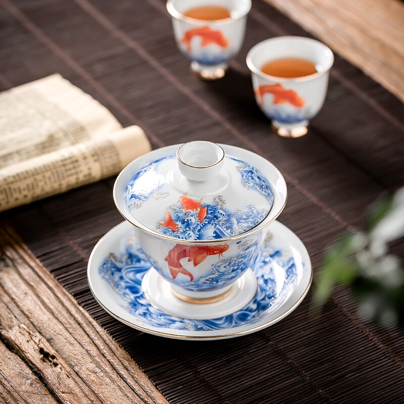 145ml keramiska teterriner porslin gaiwan karp teskål tefat lock set tefest teserviser dryckeskärl kopp dekor hantverk