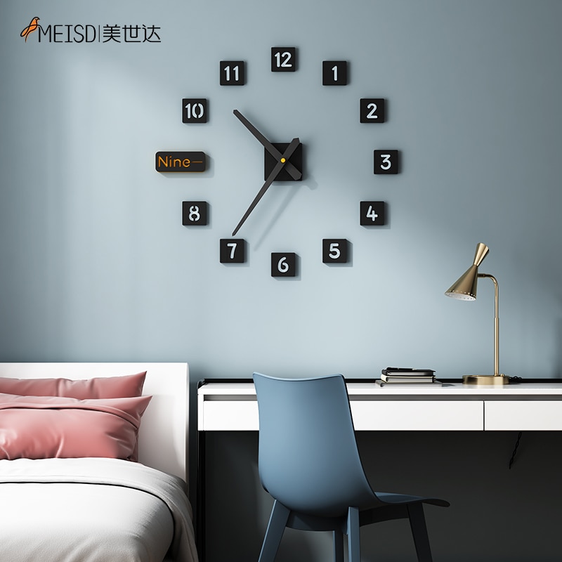 Meisd Diy Sticker 3D Wandklok Creatieve Vierkante Horloges Huis Decor Woonkamer Decoratieve Zwarte Horloge