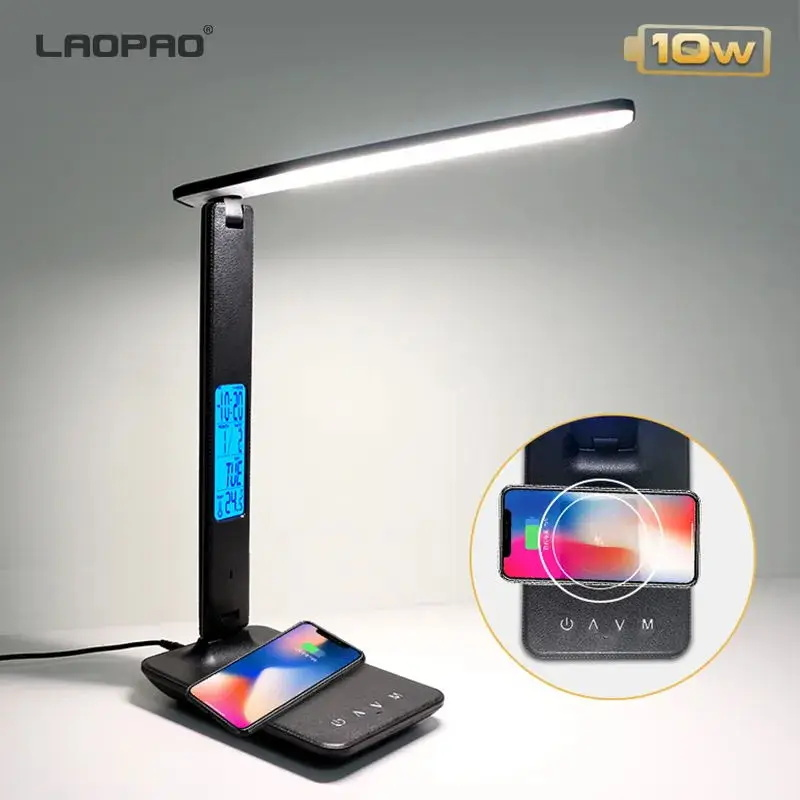LAOPAO 10W QI charge sans fil LED lampe de bureau avec calendrier température réveil oeil protéger étude affaires lumière lampe de Table