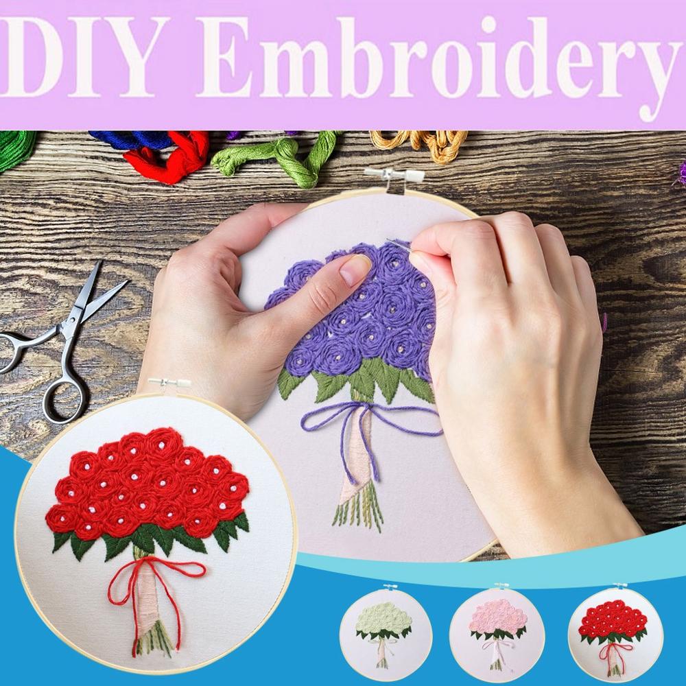 Diy Borduurwerk Kruissteek Voor Beginners-Handgemaakte Borduurwerk Diy Craft Stamped Borduurwerk Doek Met Bloemen Kit Rose Patroon Q3